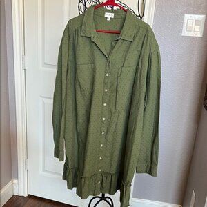 Wonderly Olive Green Patterned long sleeve button down dress- w ruffle